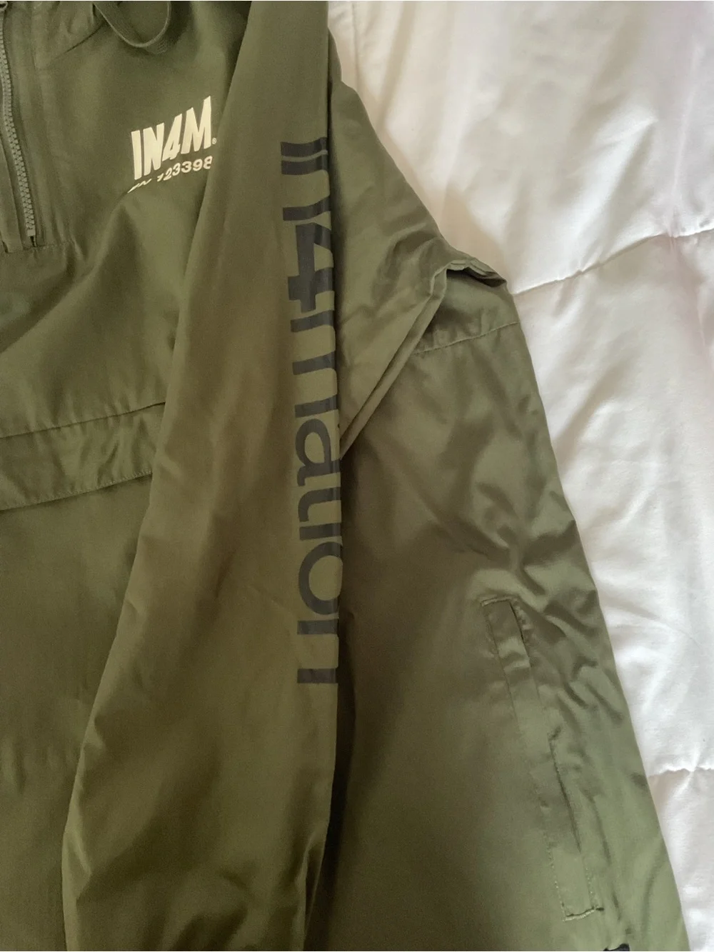 Olive Hooded Pullover Rain Anorak with Sleeve Logo